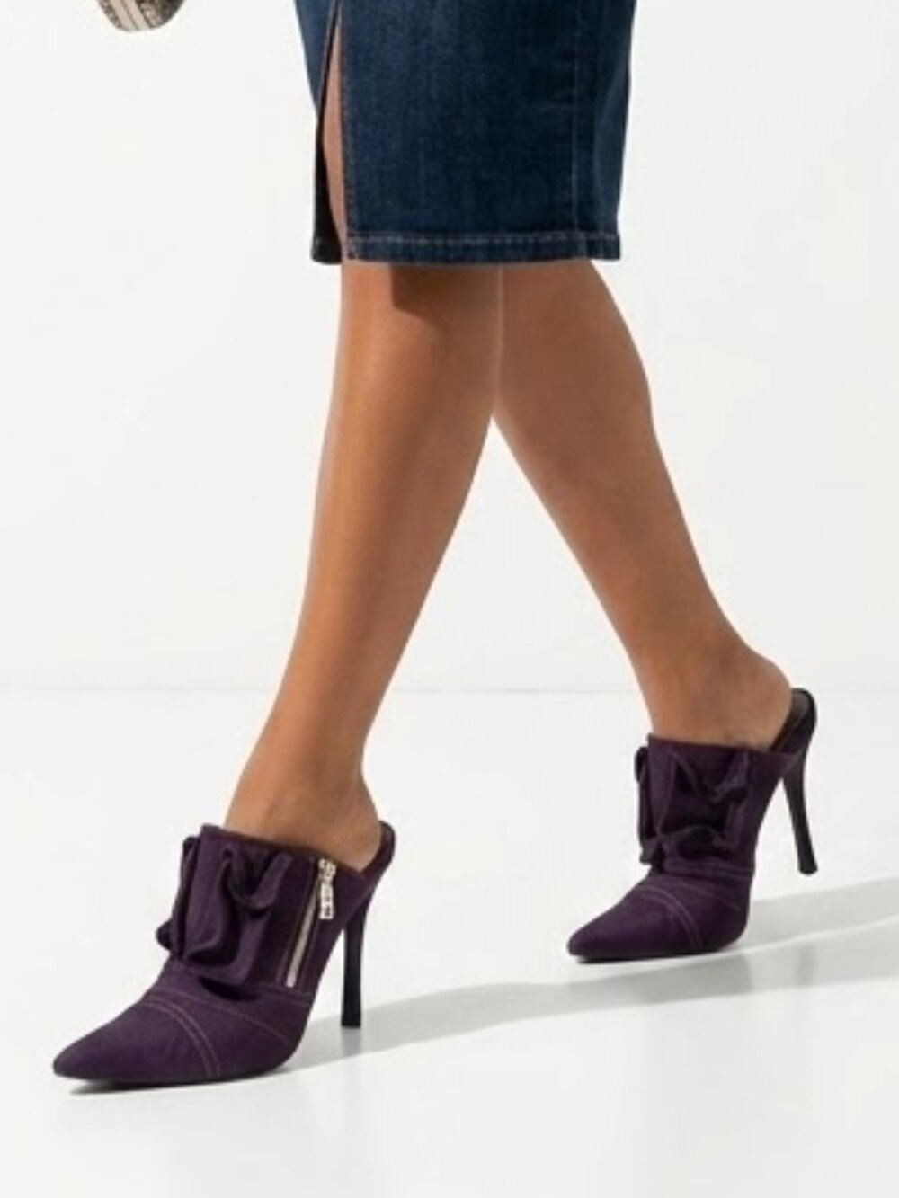 EGO Y2K Baddie Purple Denim Americana Pointed Toe Zipper Stiletto Mules Size 9